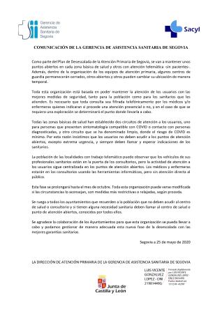 Imagen COMUNICACION DE LA GERENCIA DE ASISTENCIA SANITARIA DE SEGOVIA